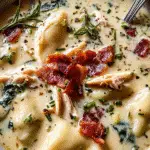 Creamy Pierogi Chicken Soup with Rosemary Bacon
