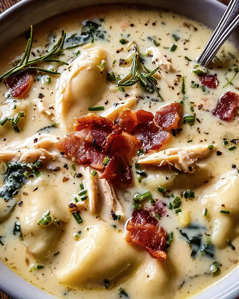 Creamy Pierogi Chicken Soup with Rosemary Bacon