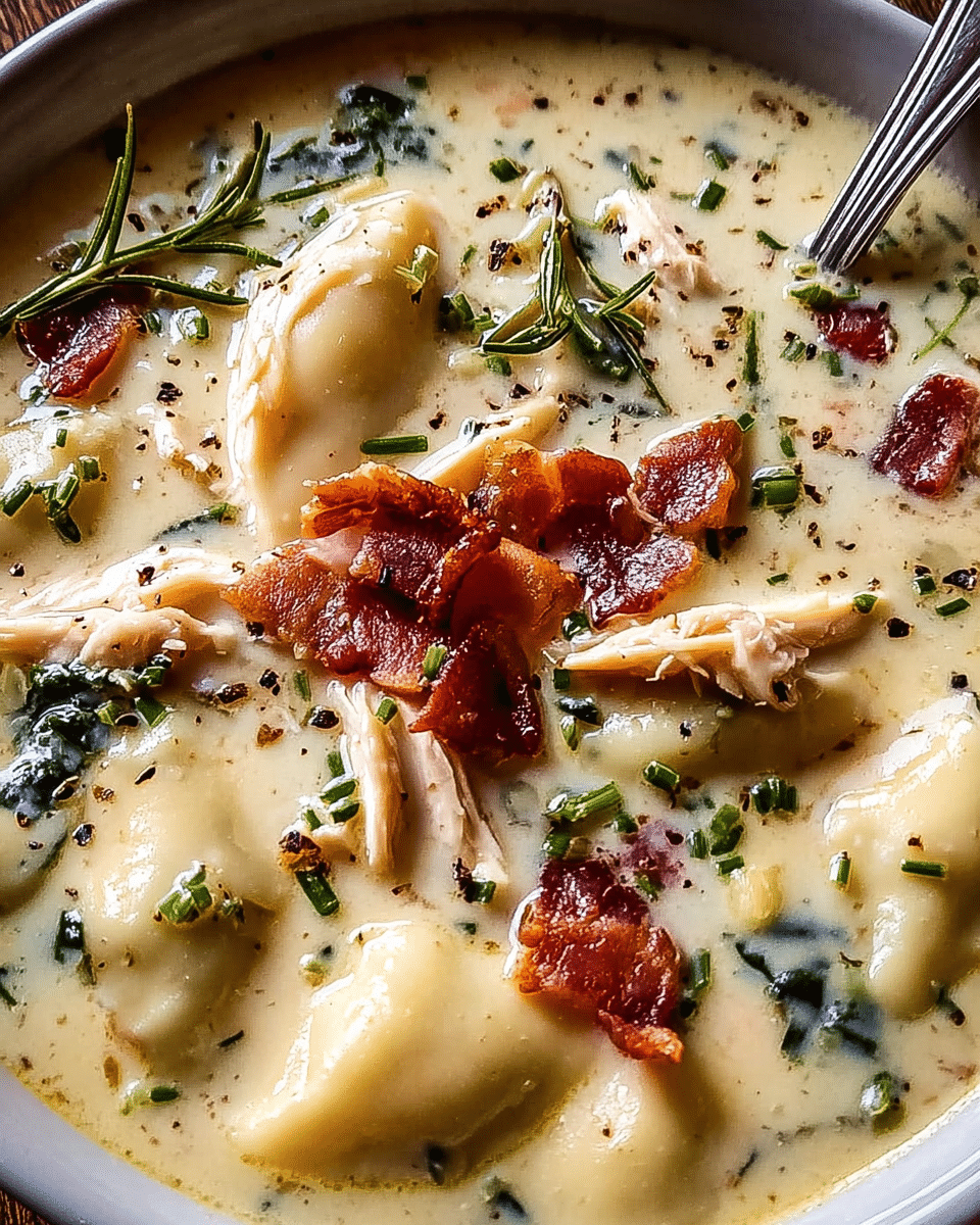 Creamy Pierogi Chicken Soup with Rosemary Bacon