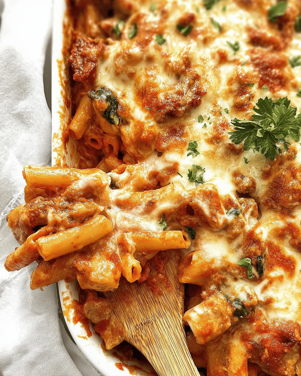 Italian Sausage Baked Mostaccioli with Spinach