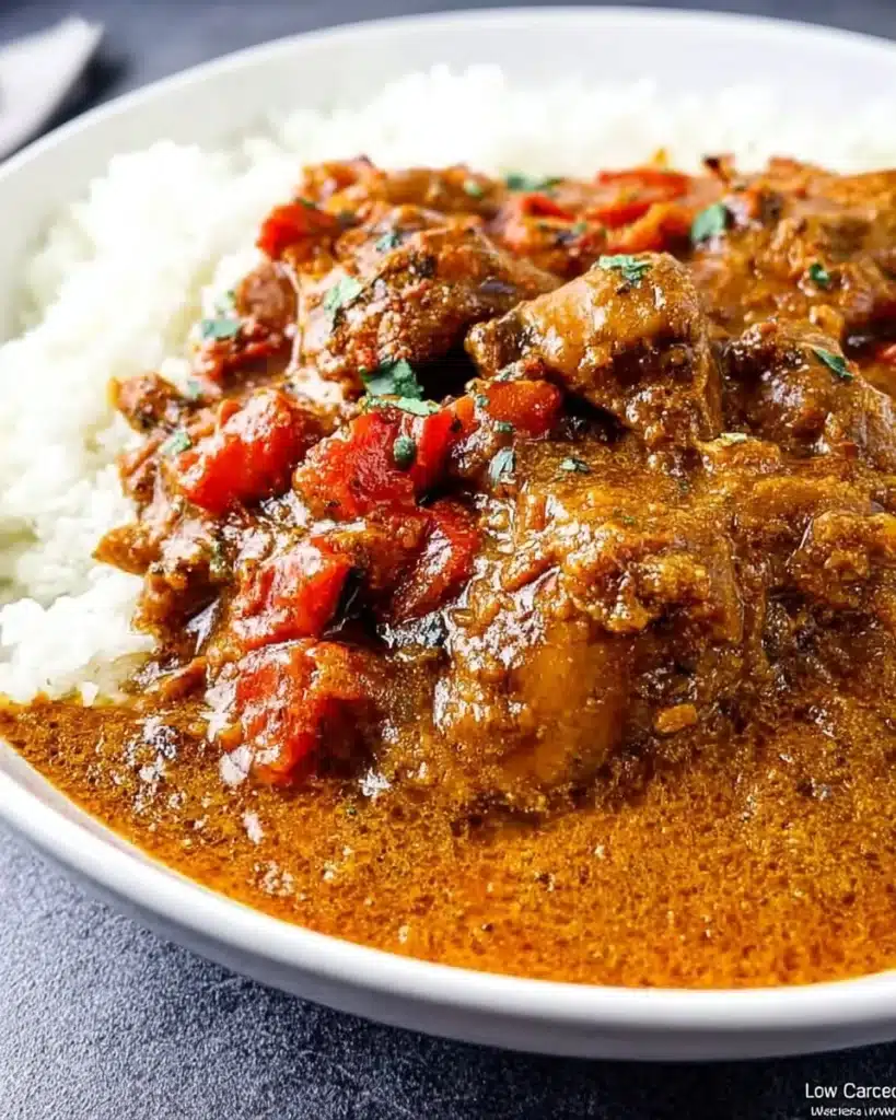 Bowl of African chicken peanut stew garnished with peanuts and herbs