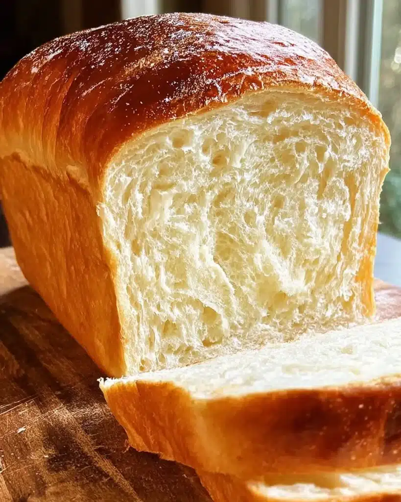 Loaf of homemade Amish White Bread on a wooden table