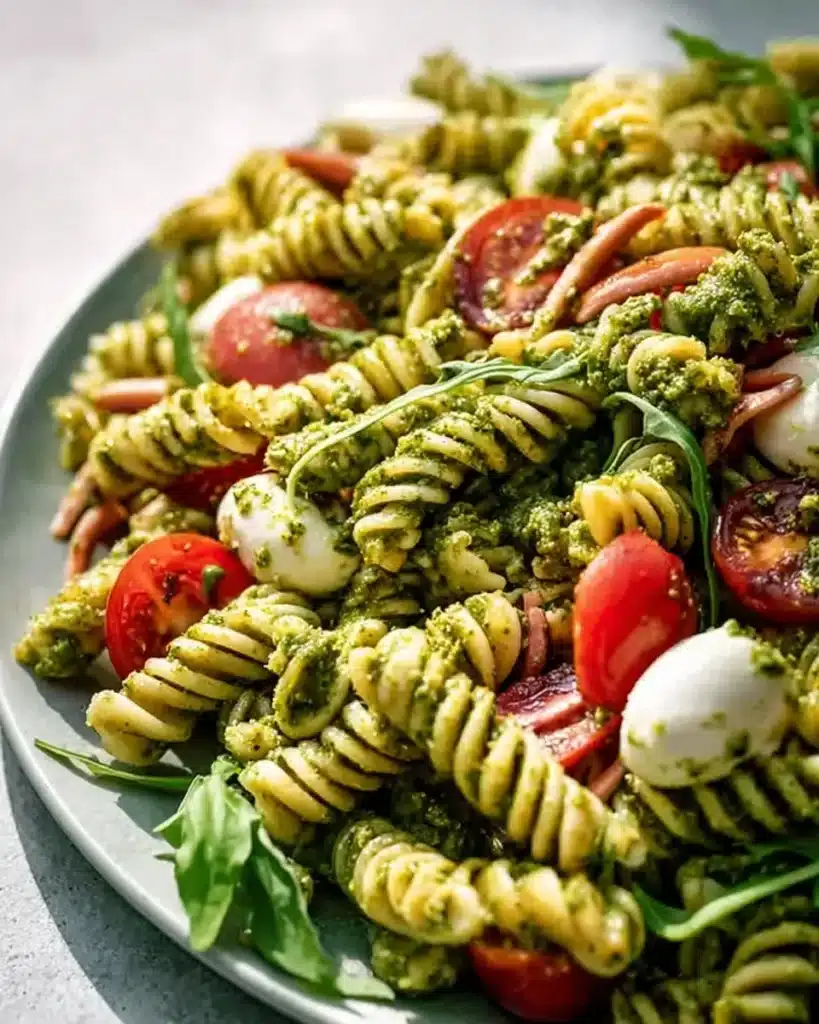 Delicious Antipasto Pesto Pasta Salad with fresh ingredients and vibrant colors