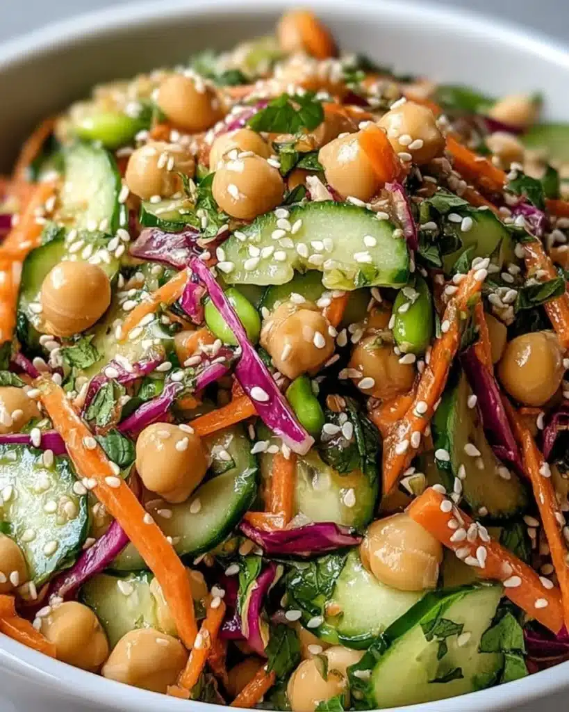 Asian Cucumber and Chickpea Slaw served in a bowl with fresh vegetables