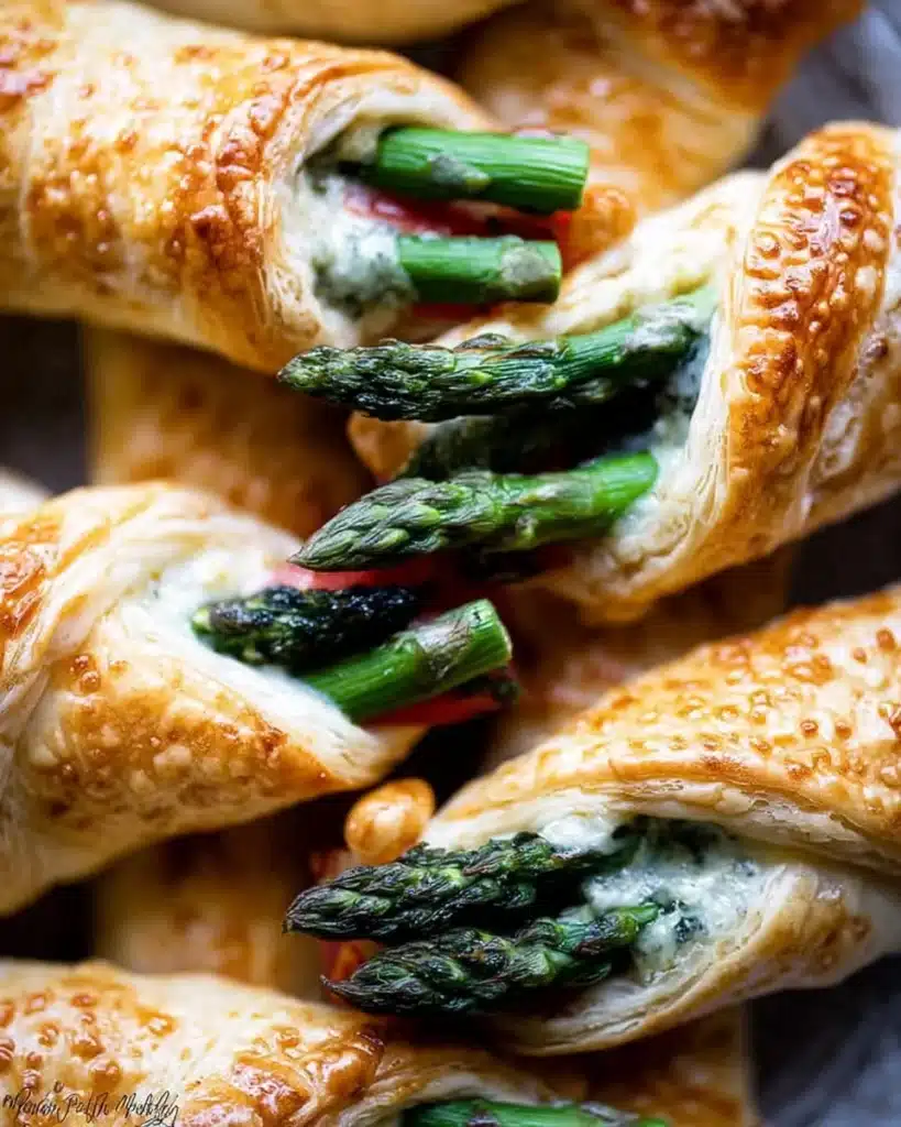 Freshly baked asparagus puff pastry bundles on a serving platter