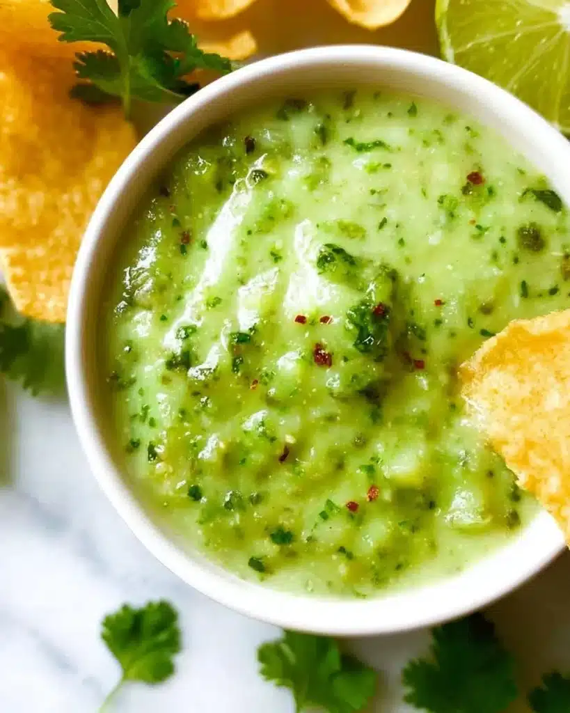 Fresh Avocado Tomatillo Salsa served in a bowl with tortilla chips
