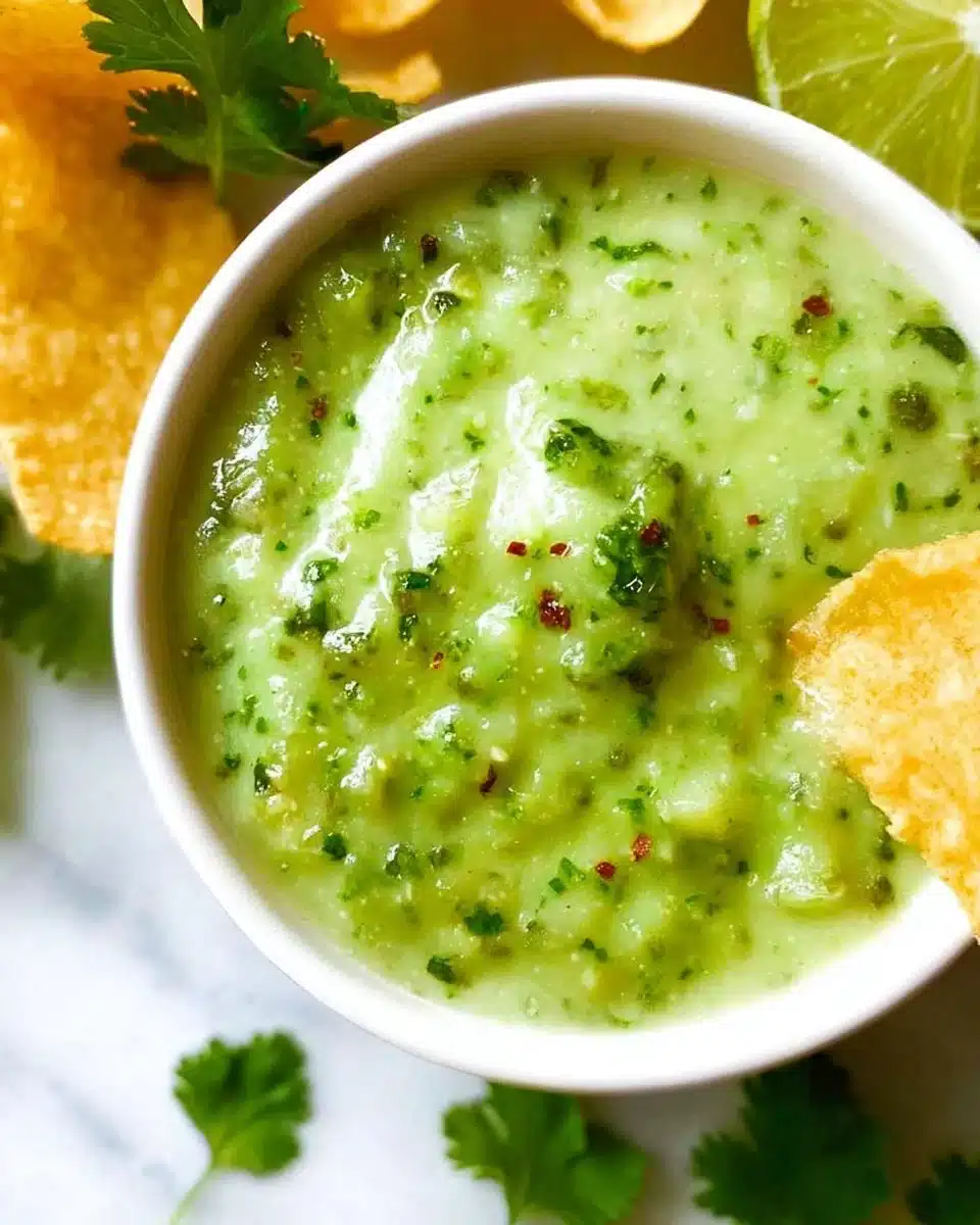 Fresh Avocado Tomatillo Salsa served in a bowl with tortilla chips