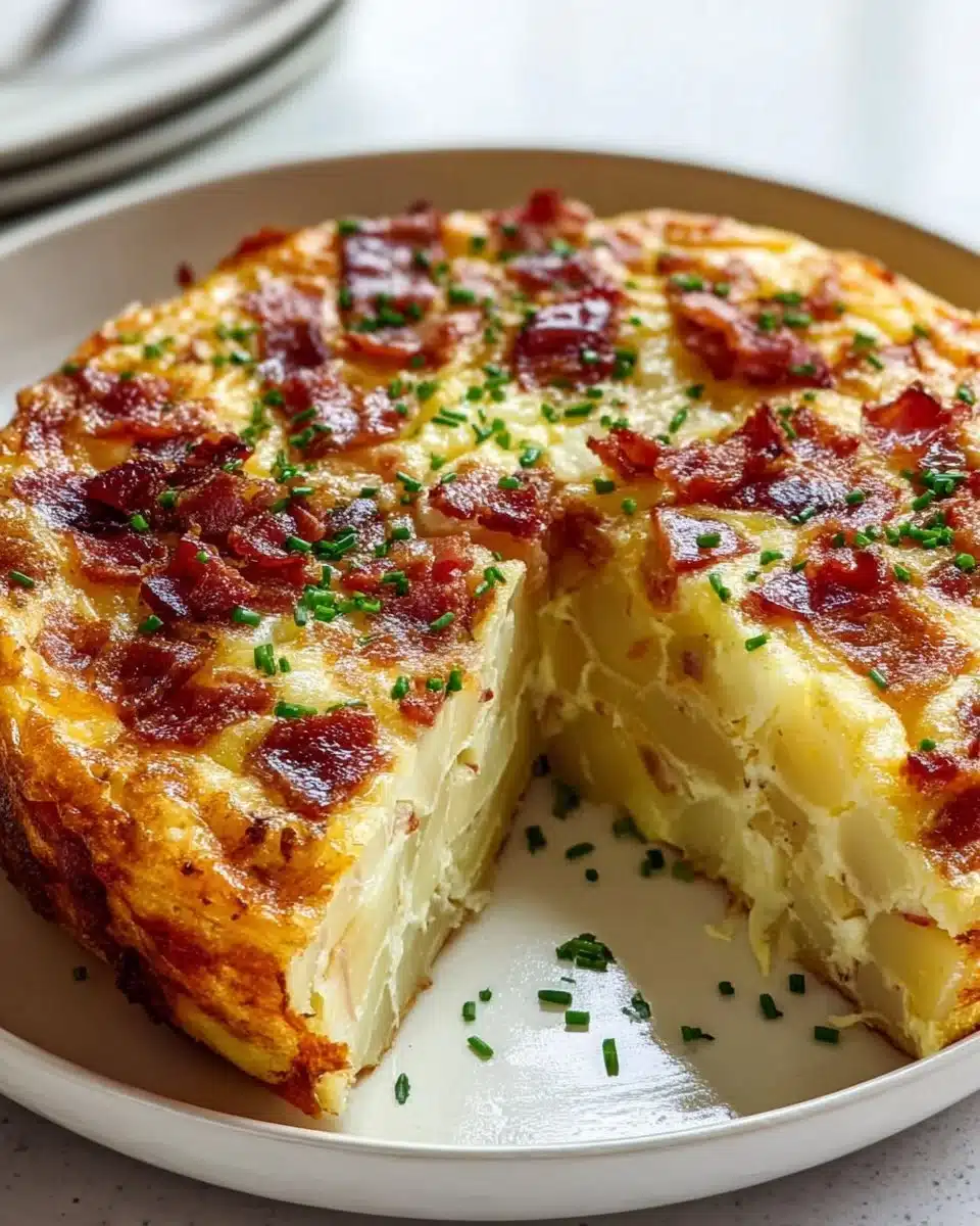 Delicious Bacon Potato Frittata served on a plate with herbs
