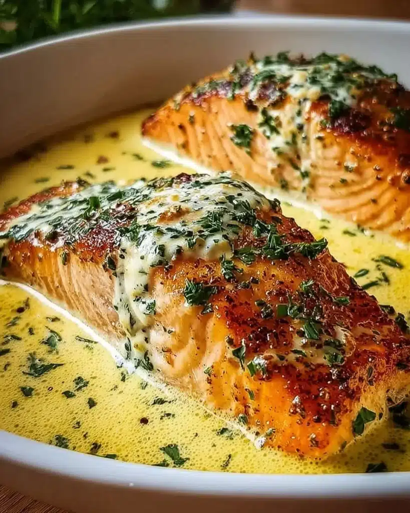 Baked Boursin Salmon with herbs and lemon on a platter