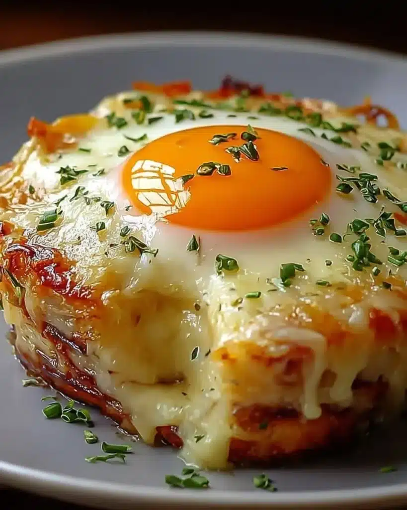 Baked Eggs Napoleon served in a dish with herbs and toppings