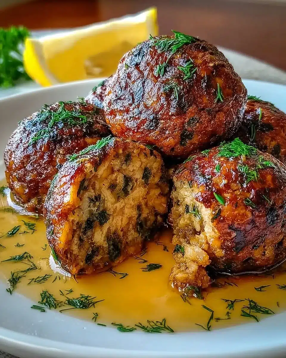 Healthy baked Greek lentil meatballs served on a plate with herbs.