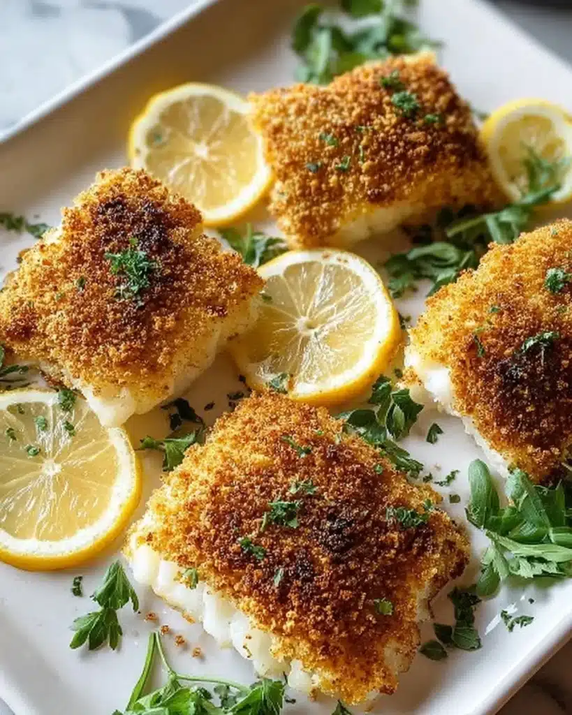 Baked Panko Crusted Cod on a plate with lemon garnish