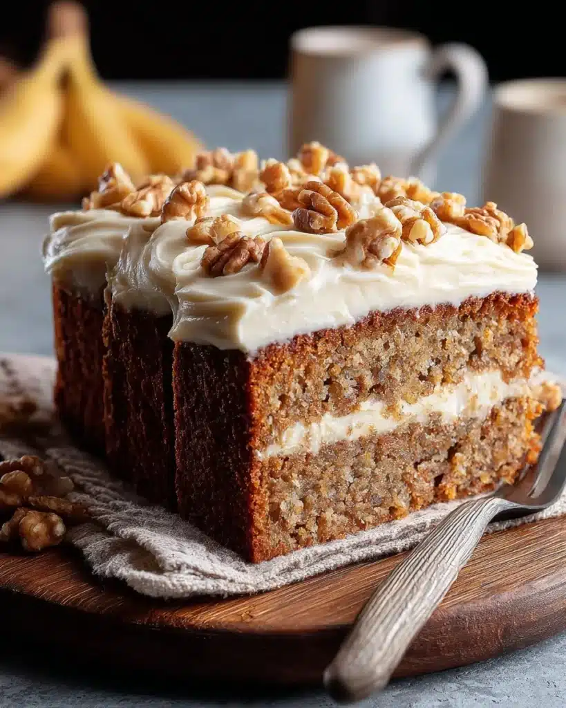 Banana bread cake topped with cream cheese frosting on a wooden table.