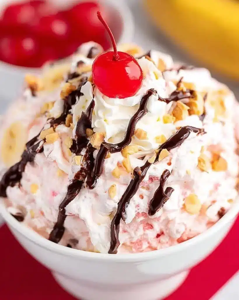 Delicious Banana Split Fluff Salad garnished with fruits and whipped cream
