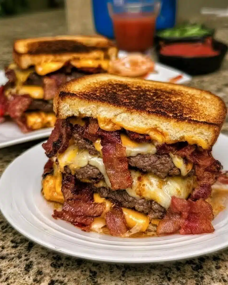 Delicious Bang-Bang Bacon Cheeseburger Sandwich with melted cheese and crispy bacon