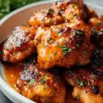Bang Bang Chicken Thighs with a spicy sauce and vibrant garnishes