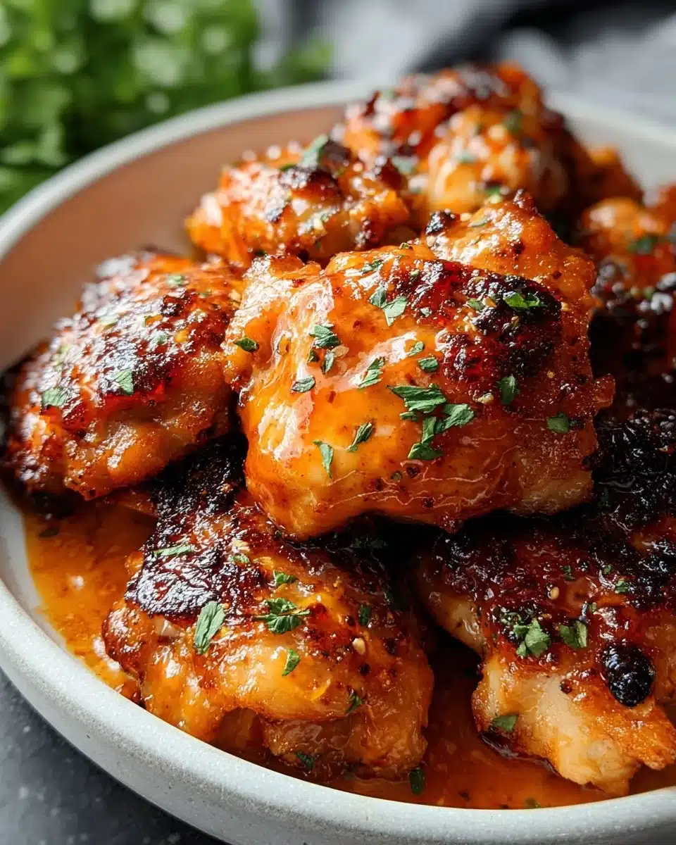 Bang Bang Chicken Thighs with a spicy sauce and vibrant garnishes