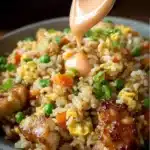 Delicious bowl of Bang Bang Fried Rice garnished with fresh vegetables