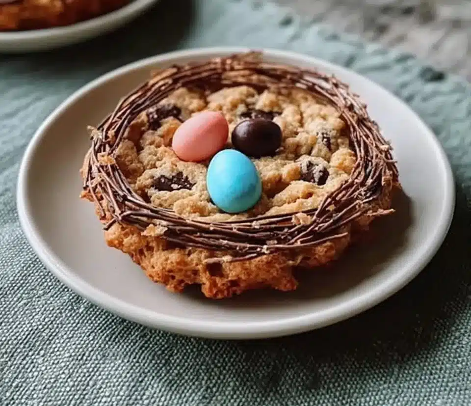 Delicious Birds Nest Cookies topped with chocolate eggs on a decorative plate
