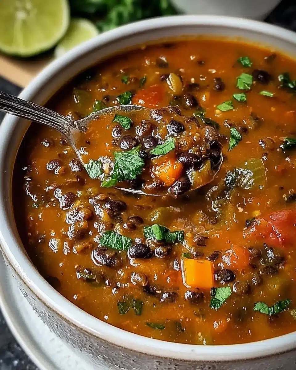 Bowl of hearty Black Bean Lentil Soup garnished with herbs