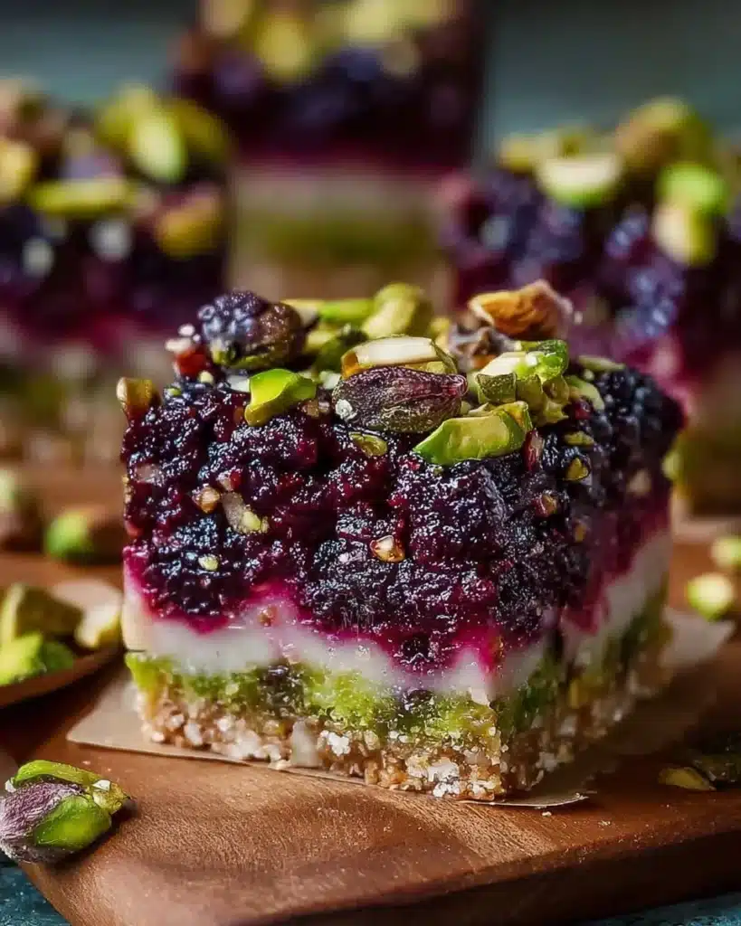 Delicious Blackberry Pistachio Dream Bars with lush blackberries and crunchy pistachios
