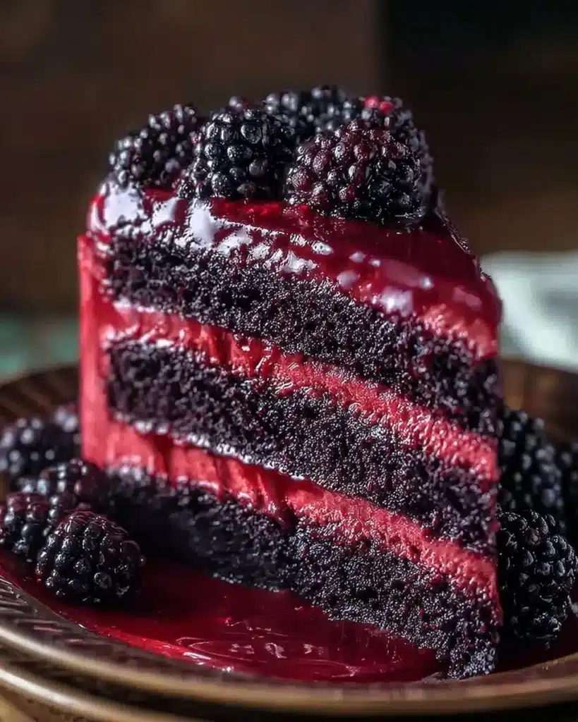 Delicious Blackberry Velvet Gothic Cake with rich blackberries and dark chocolate
