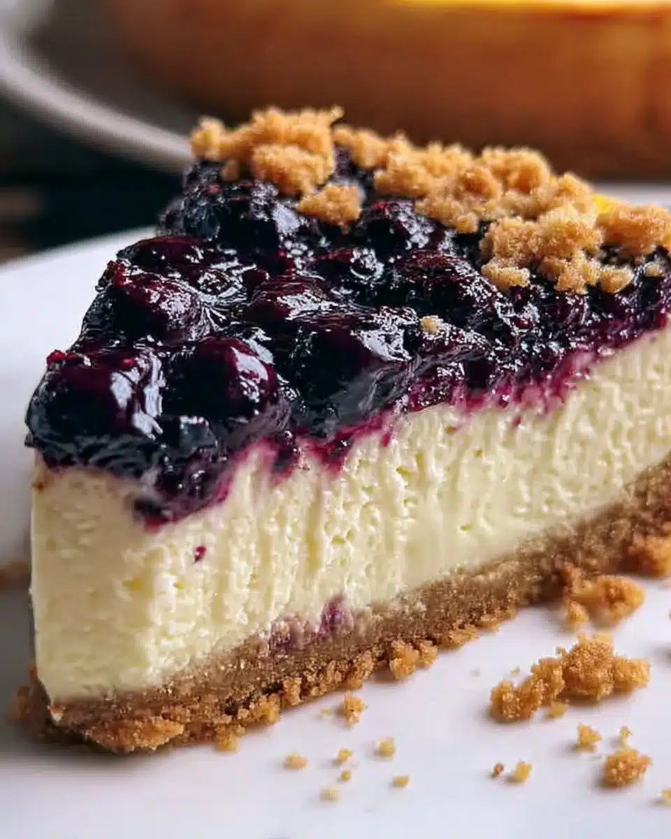Delicious homemade blueberry cheesecake topped with fresh blueberries