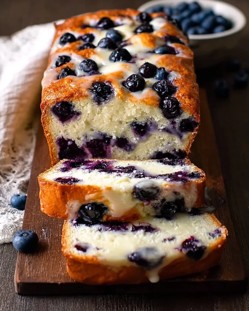 Loaf of Blueberry Cream Cheese Bread with fresh blueberries