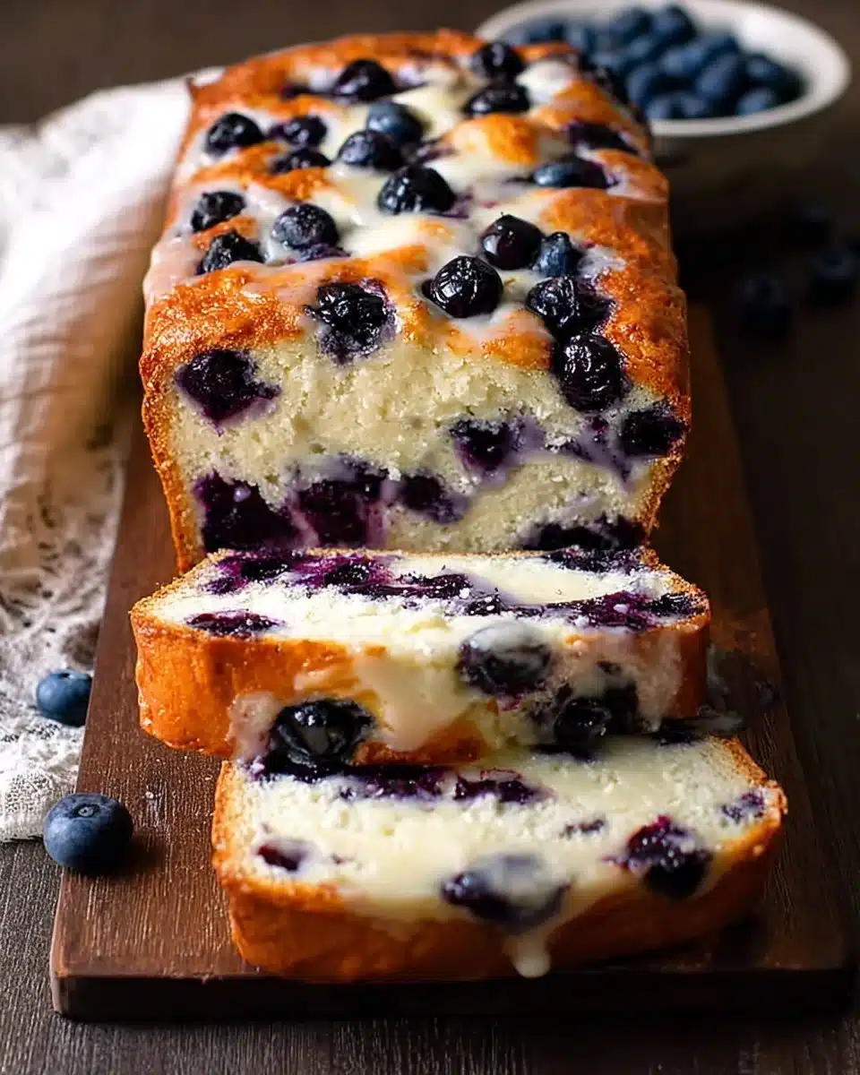Loaf of Blueberry Cream Cheese Bread with fresh blueberries