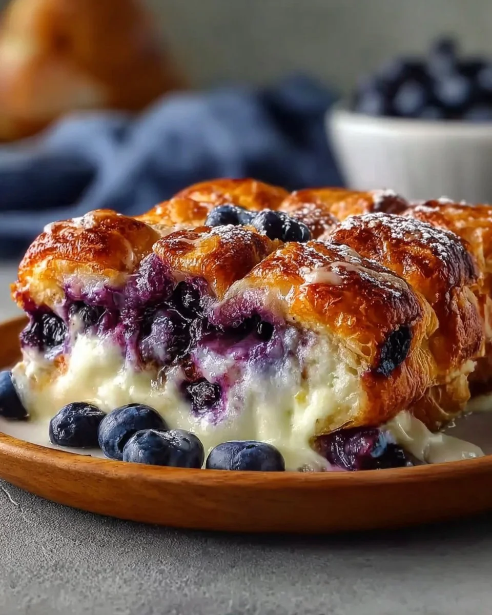 Blueberry cream cheese croissant casserole baked in a dish