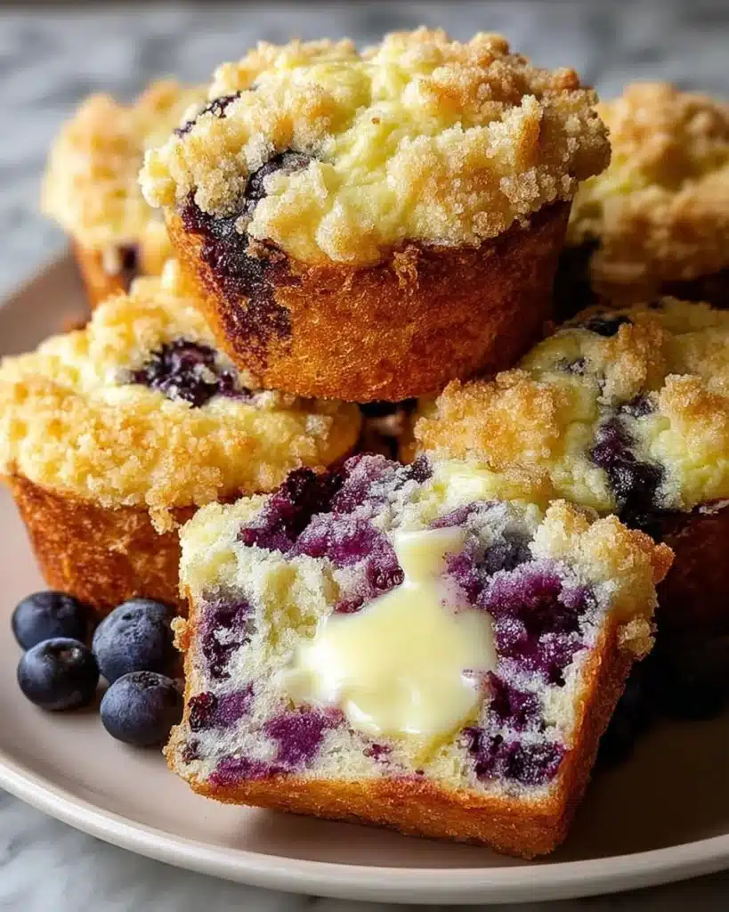 Blueberry cream cheese muffins with fresh blueberries on a wooden table