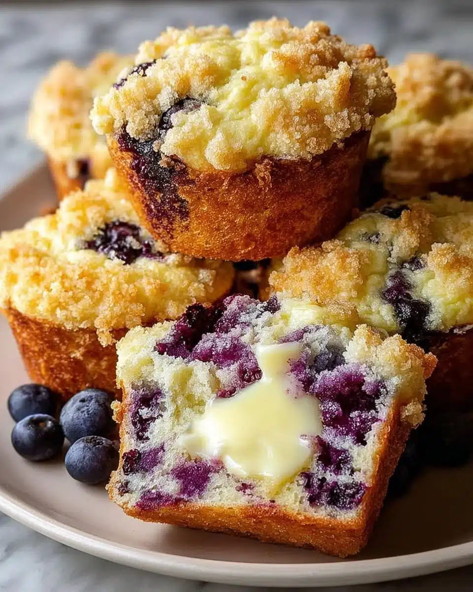Blueberry cream cheese muffins with fresh blueberries on a wooden table