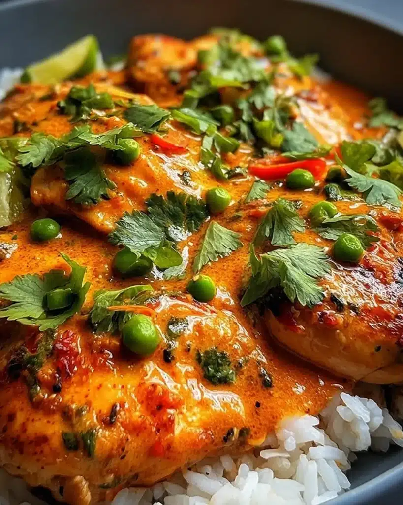 Delicious Brazilian Coconut Chicken served with fresh herbs and coconut sauce.