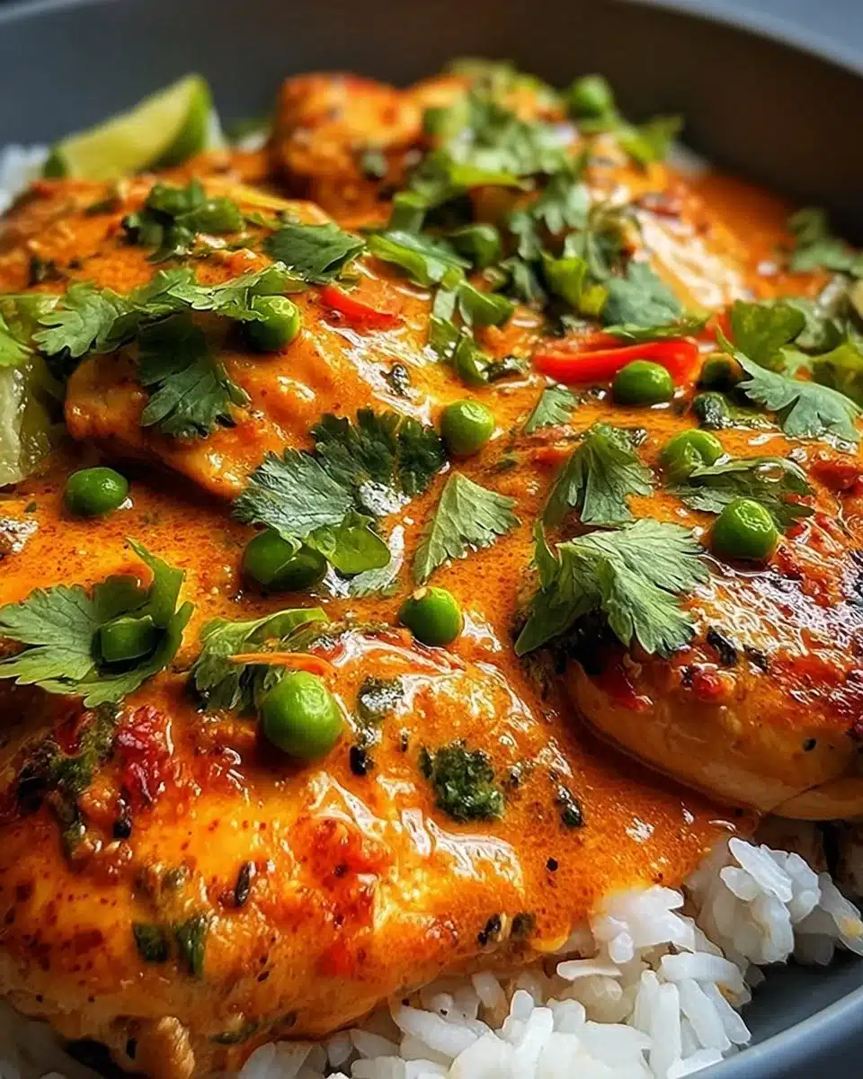 Delicious Brazilian Coconut Chicken served with fresh herbs and coconut sauce.