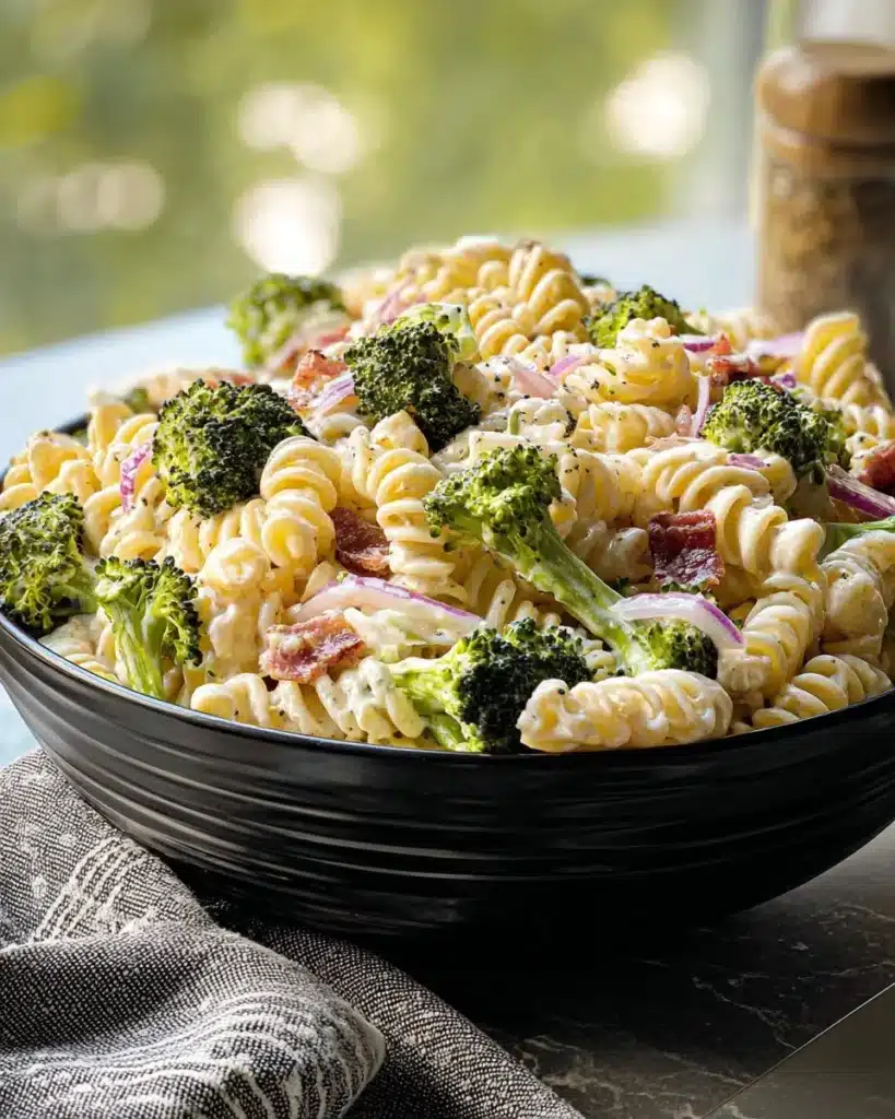 Colorful Broccoli Pasta Salad with fresh vegetables in a bowl