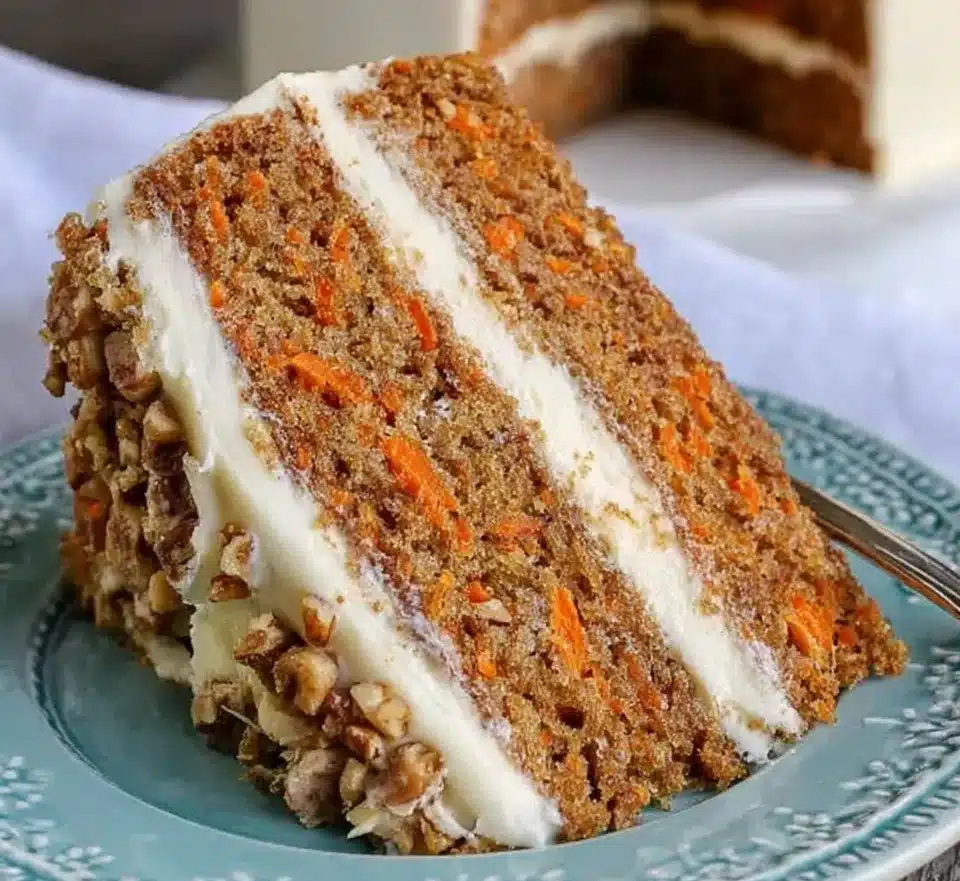 Slice of browned butter carrot cake with cream cheese frosting on a plate