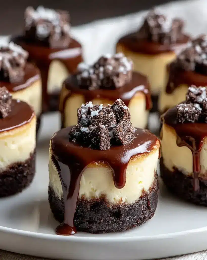 Delicious brownie bottom mini cheesecakes topped with creamy cheesecake filling.
