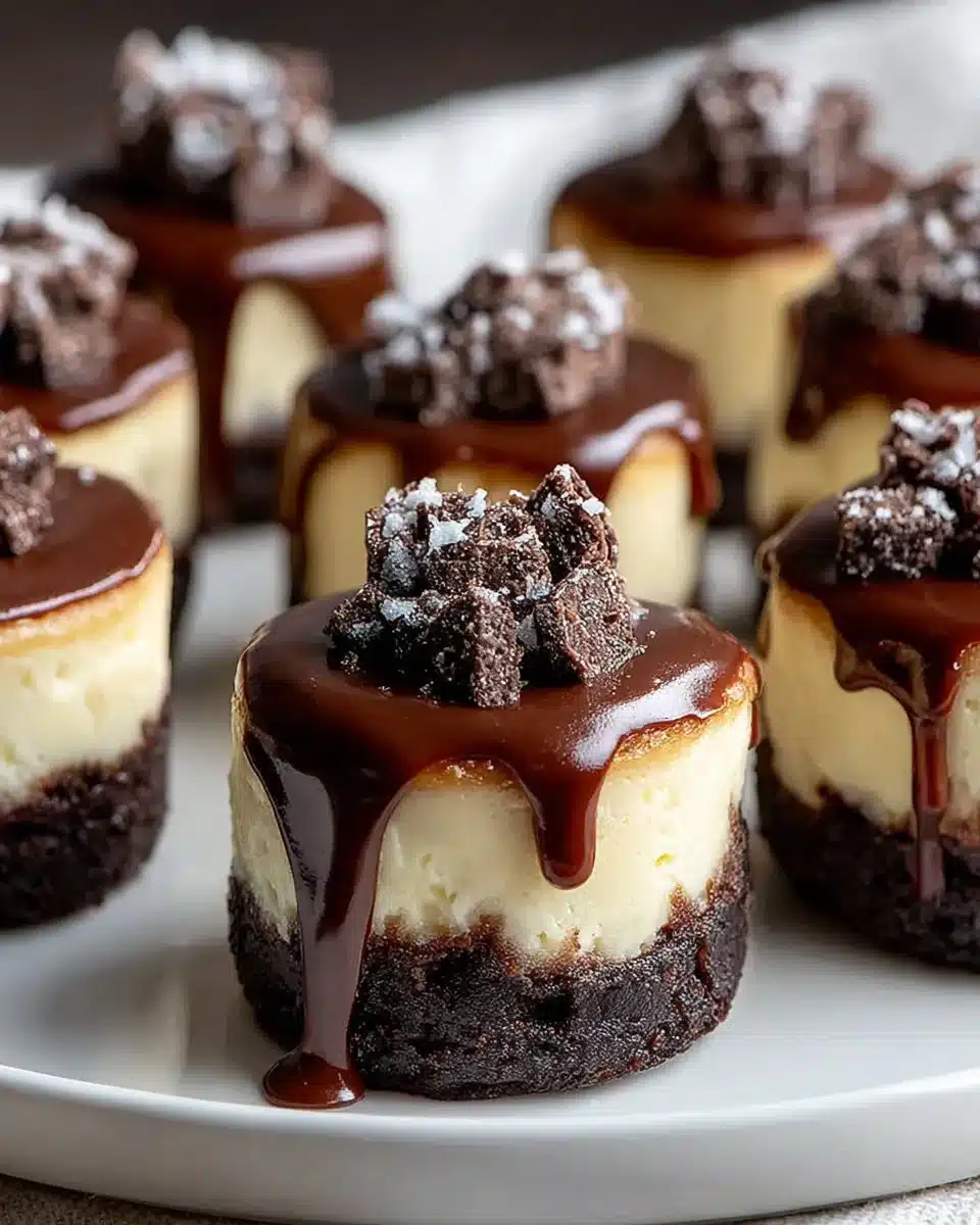 Delicious brownie bottom mini cheesecakes topped with creamy cheesecake filling.