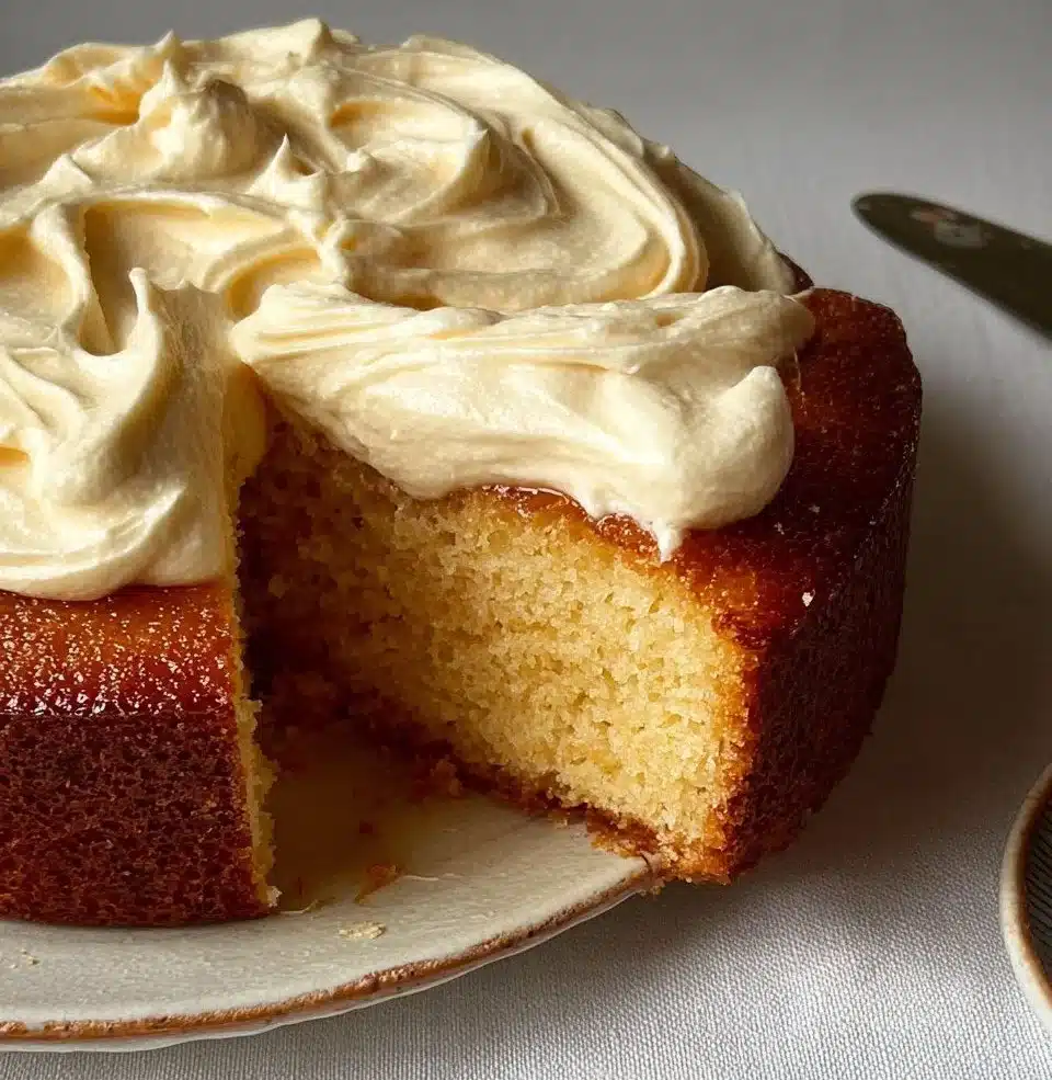 Burnt Honey Cream & Orange Cake topped with vibrant orange slices and honey drizzle.