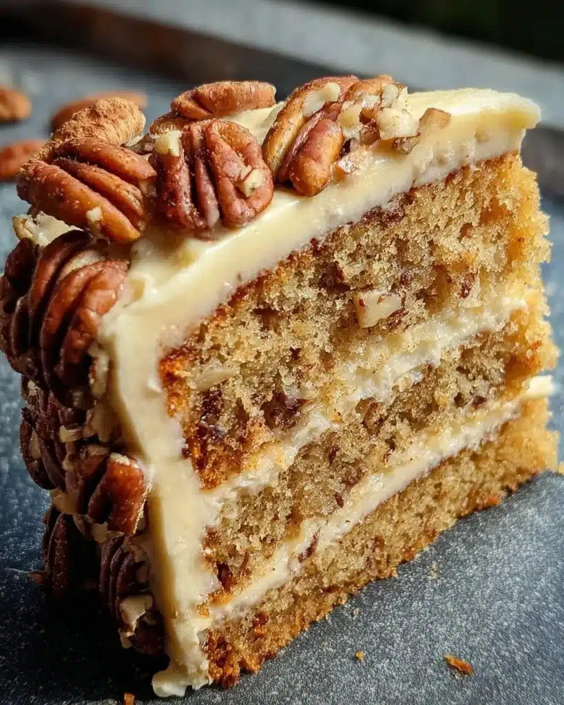 Delicious Butter Pecan Cake topped with pecans and creamy frosting