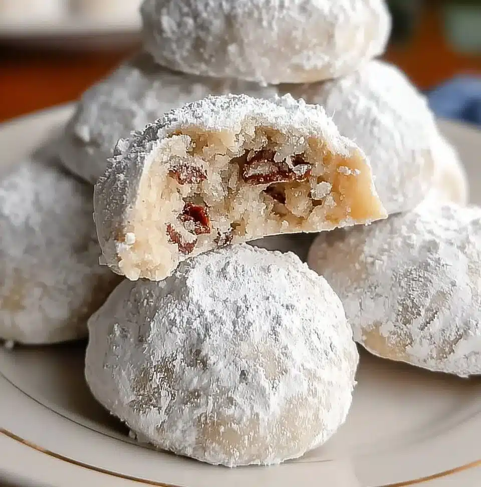 Buttery Mexican Wedding Cookies dusted with powdered sugar on a plate.