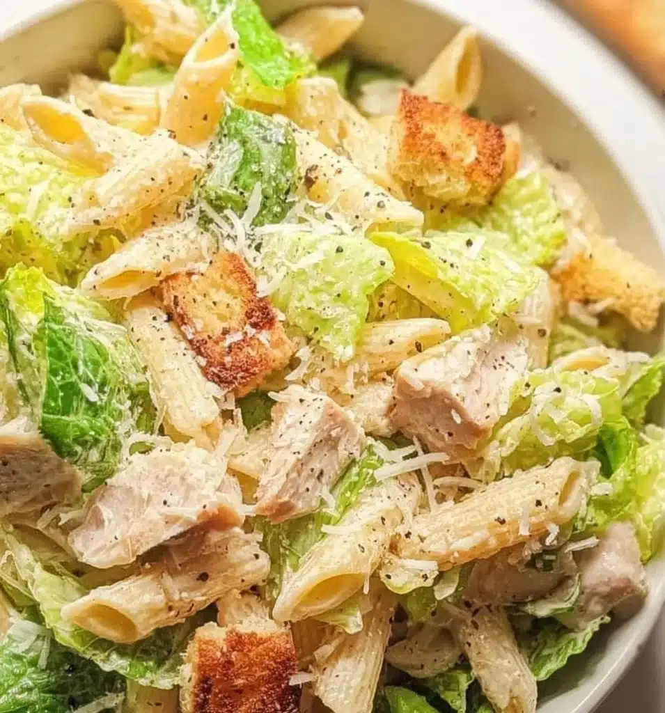 Delicious Caesar Pasta Salad with creamy dressing and fresh vegetables
