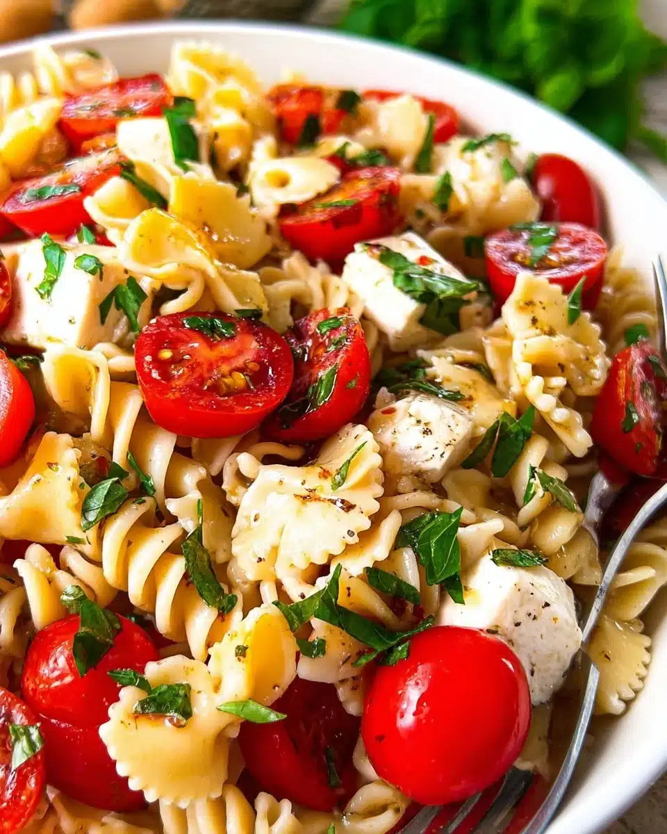Delicious Caprese Pasta Salad with fresh tomatoes, basil, and mozzarella.