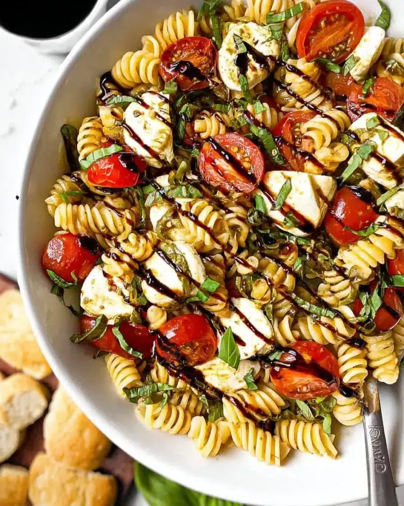 Caprese Pasta Salad with Balsamic Glaze in a bowl topped with fresh basil
