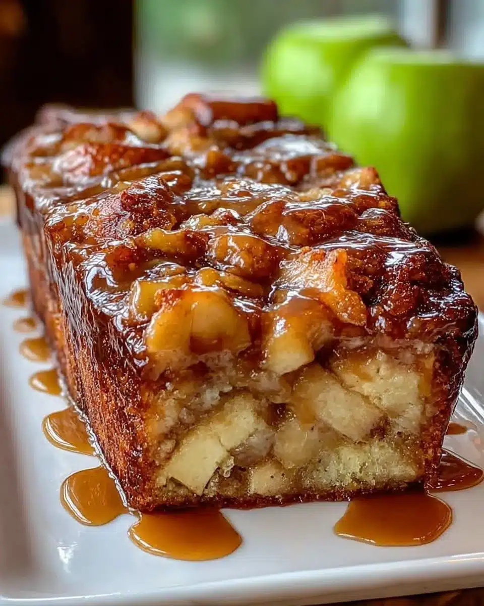 Delicious caramel apple fritter bread with rich caramel glaze and apple pieces.