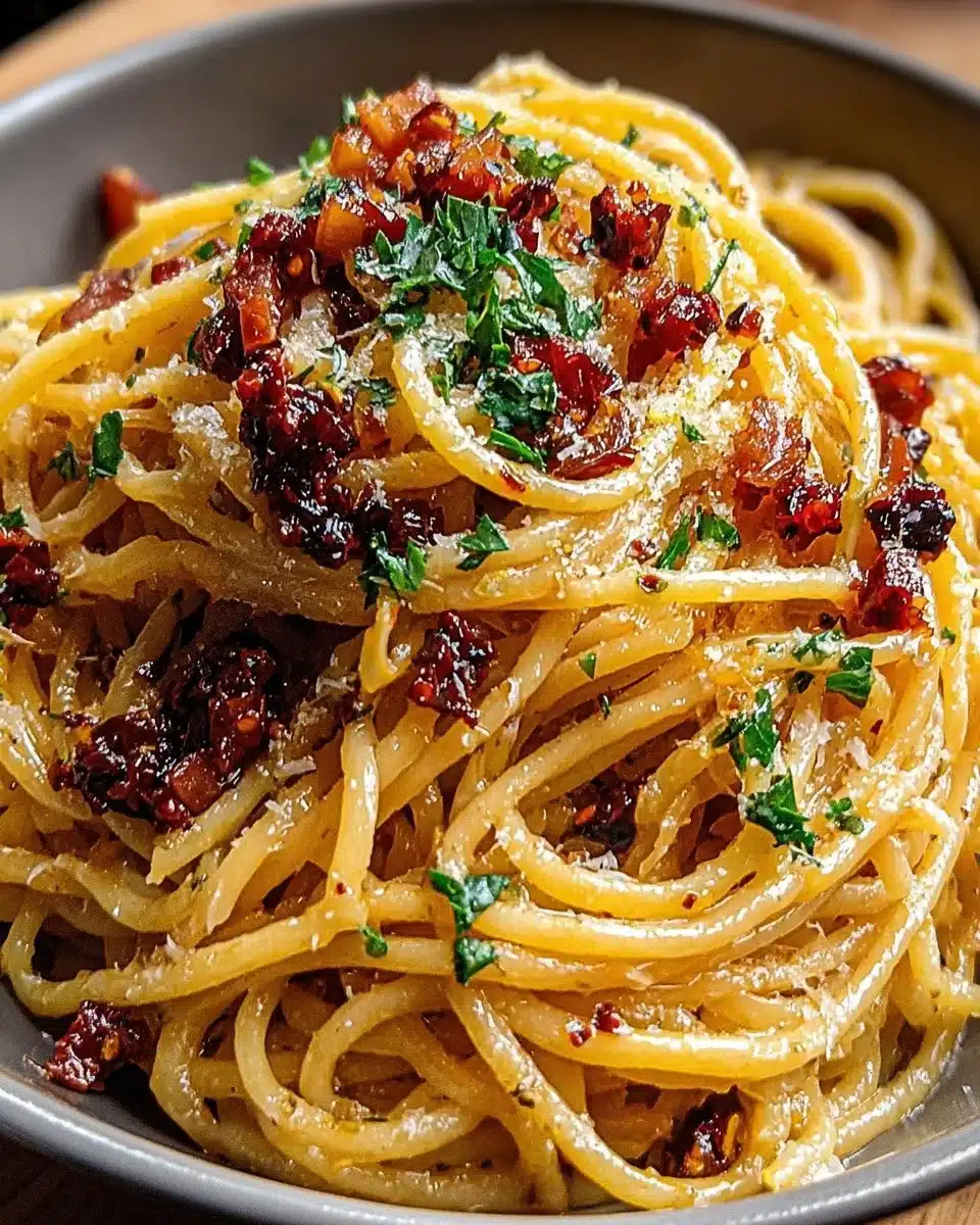 Delicious caramelized onion pasta topped with chili oil and herbs.