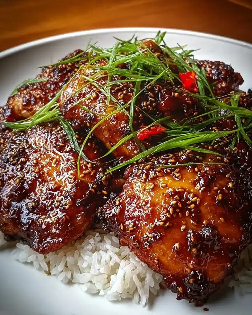 Delicious caramelized soy sauce chicken served on a plate with herbs.