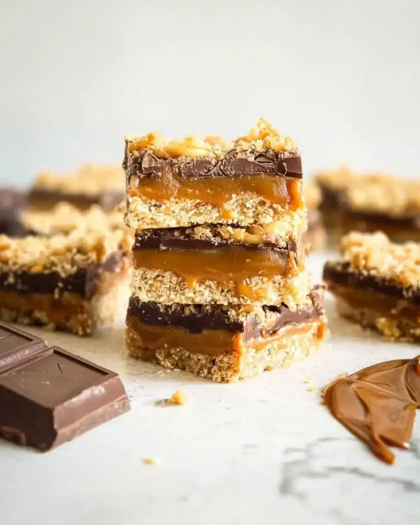 Delicious homemade Carmelite Bars with chocolate, caramel, and cookie crust.