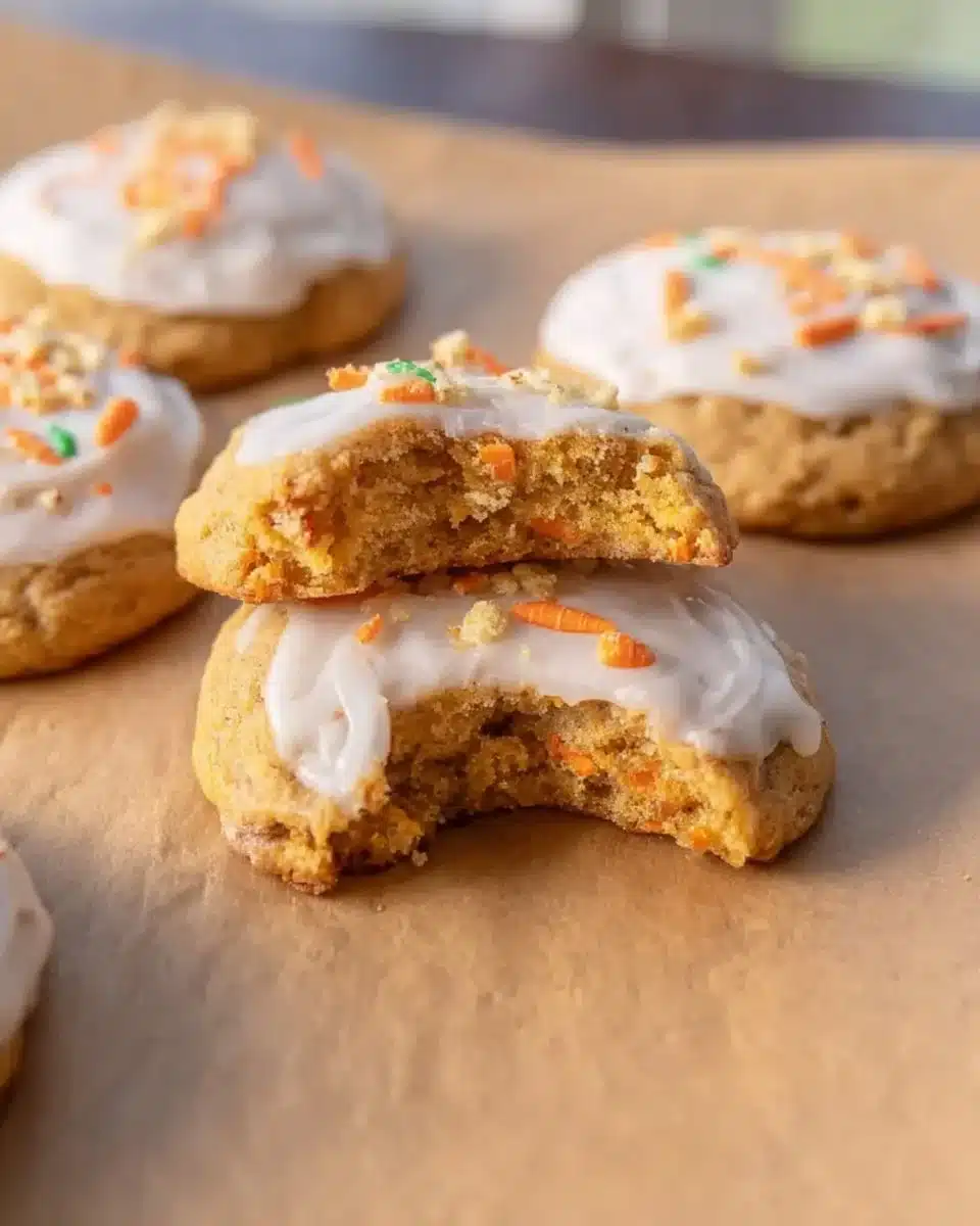 Delicious carrot cake cookies with frosting on a plate