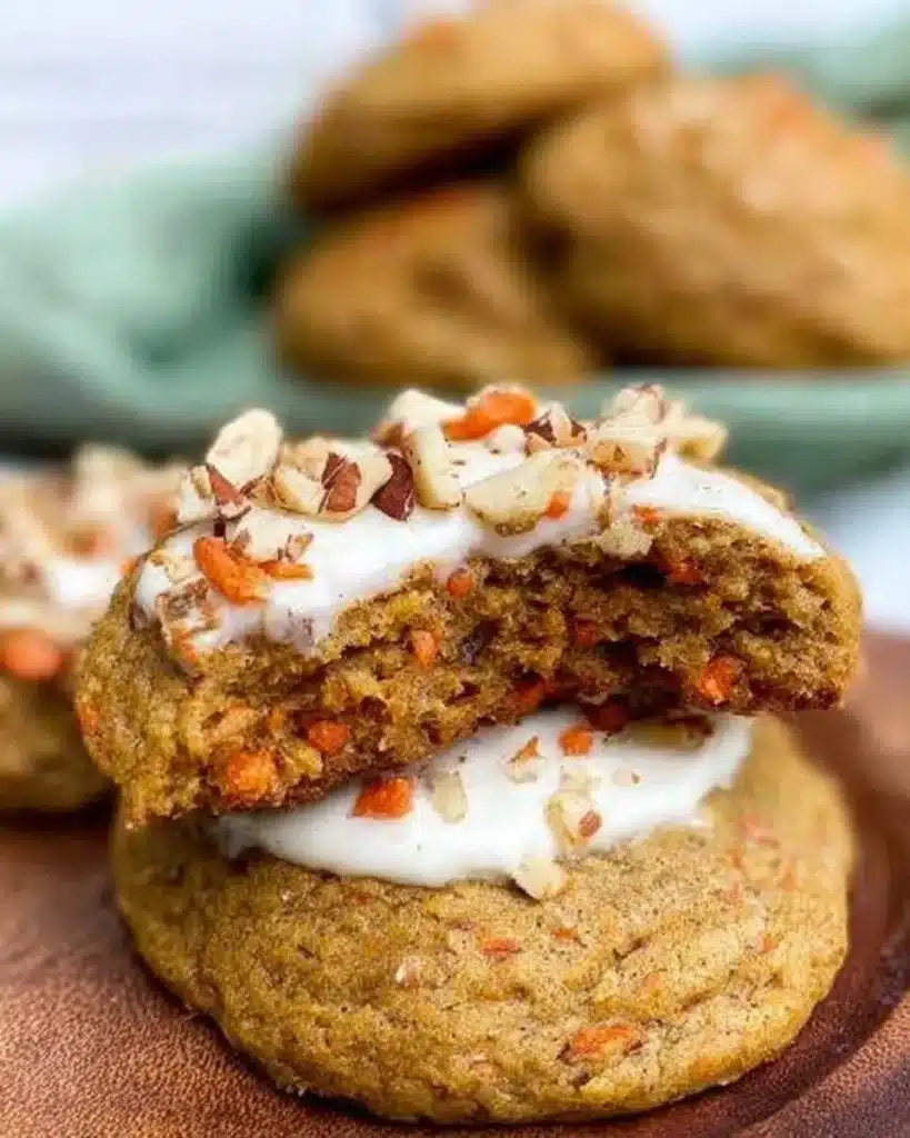 Freshly baked carrot cake cookies with cream cheese frosting on a plate